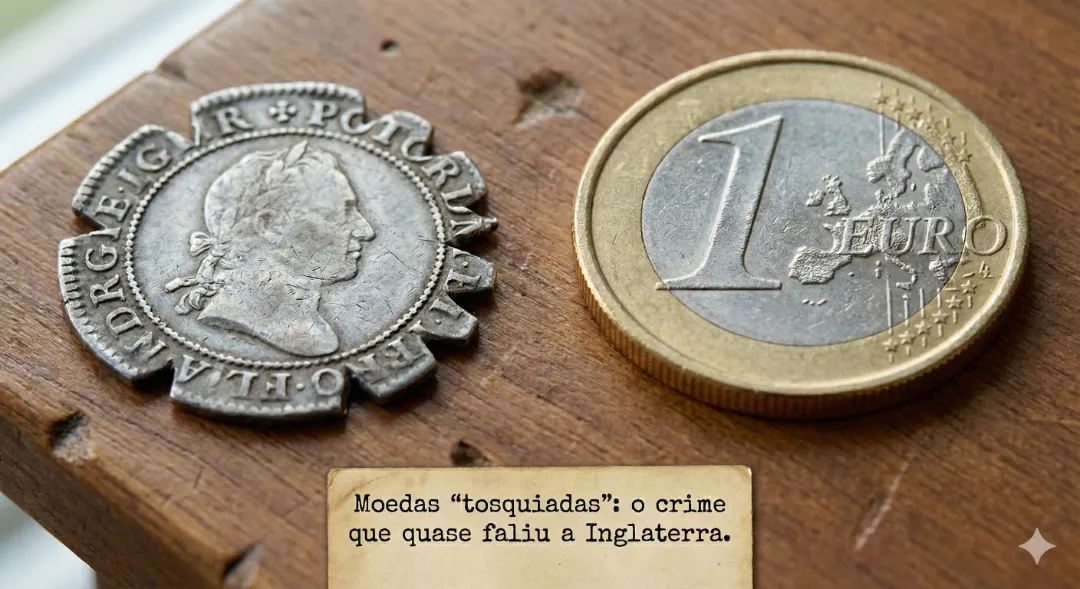 Foto comparativa: uma moeda antiga com as bordas irregulares e cortadas ao lado de uma moeda moderna perfeitamente redonda.