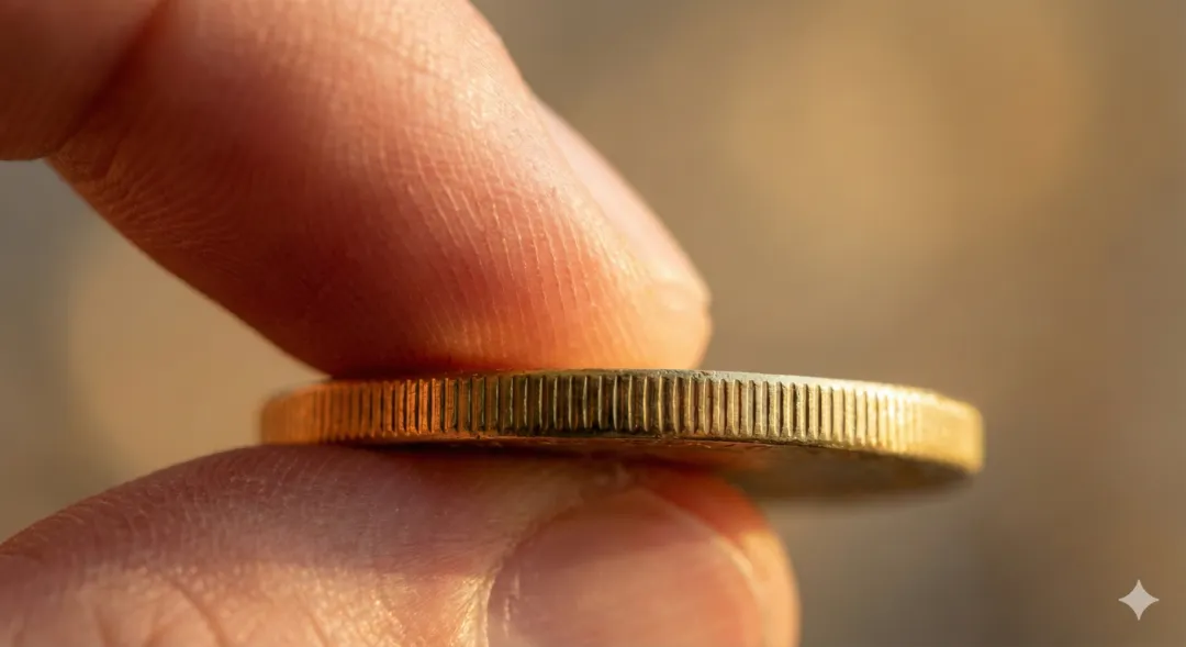 Close-up extremo de um dedo indicador tocando as ranhuras na borda de uma moeda dourada.